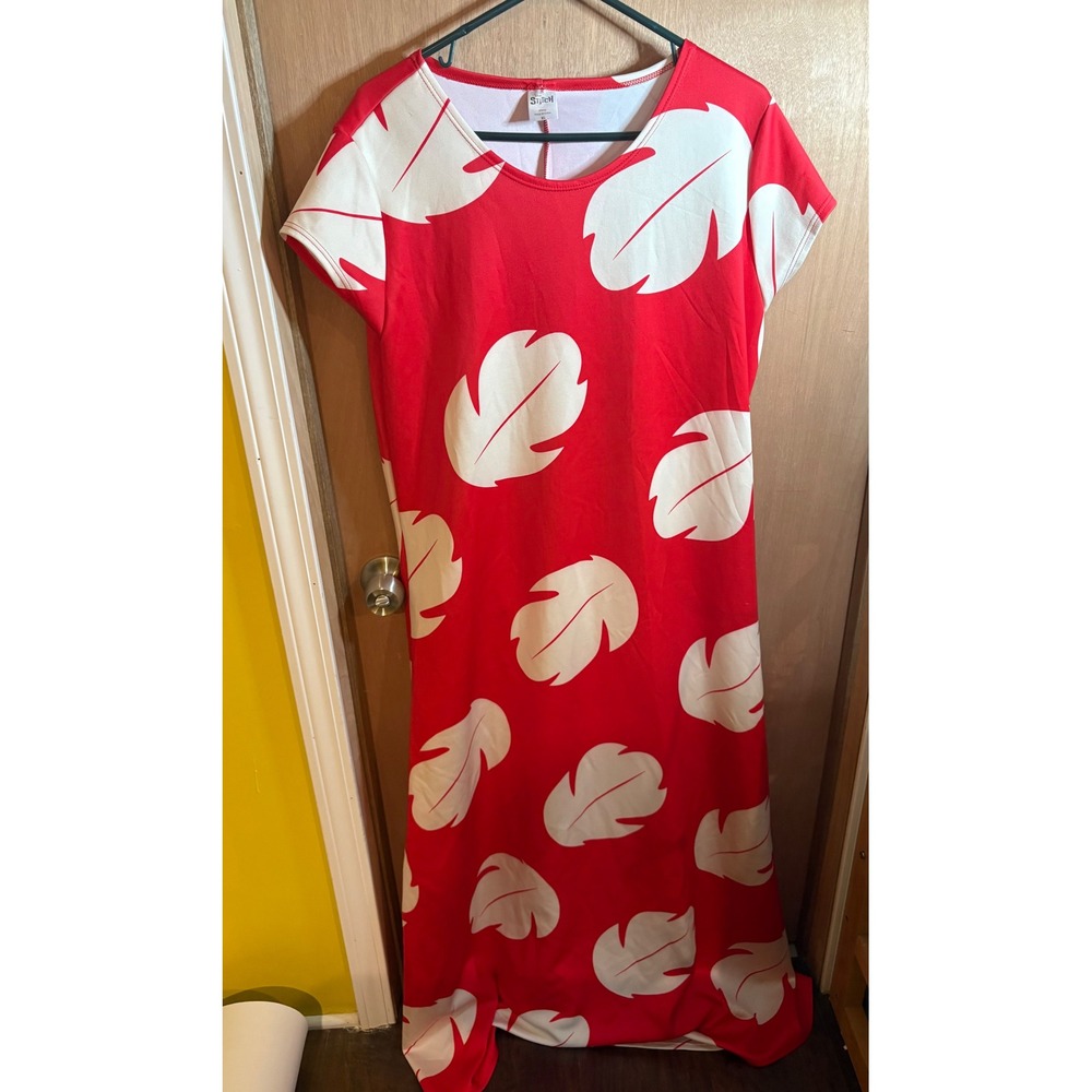 Disney Lilo and Stitch T-Shirt Dress Womens XL Red Hawaiian Leaf Cosplay Maxi